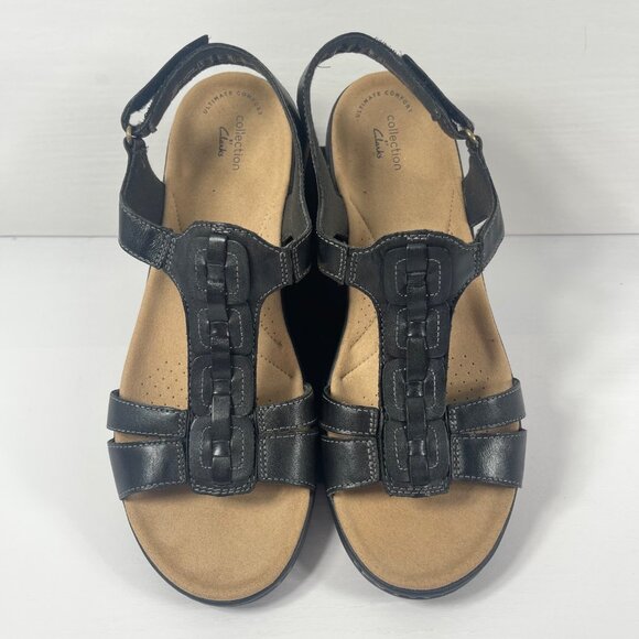Clarks Laurieann Kay Sandals Women’s 11 W Wide Black Leather Slingback T-Strap - Picture 4 of 11